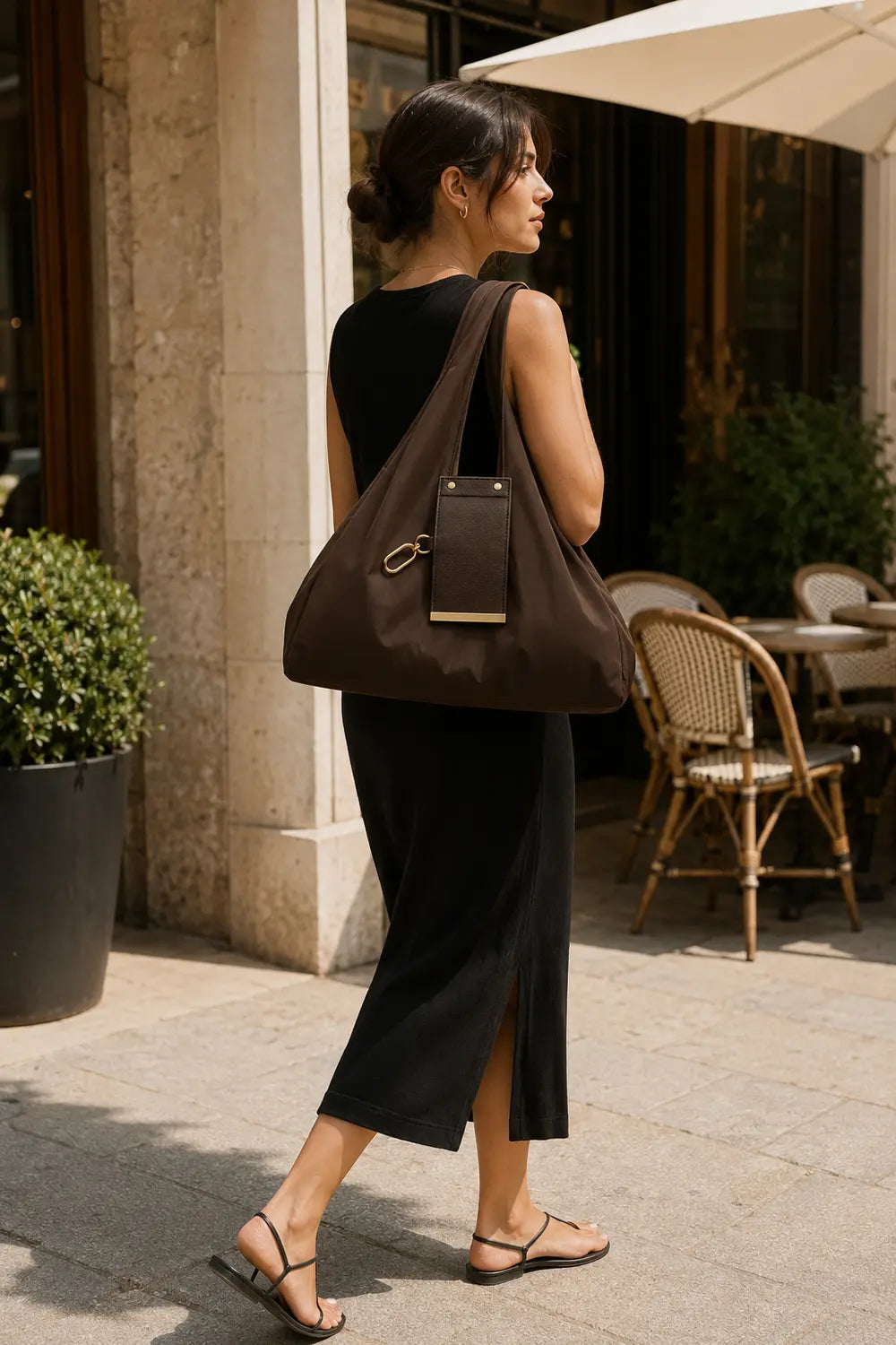 Woman carrying the espresso Nurvora Pocket Tote at a café